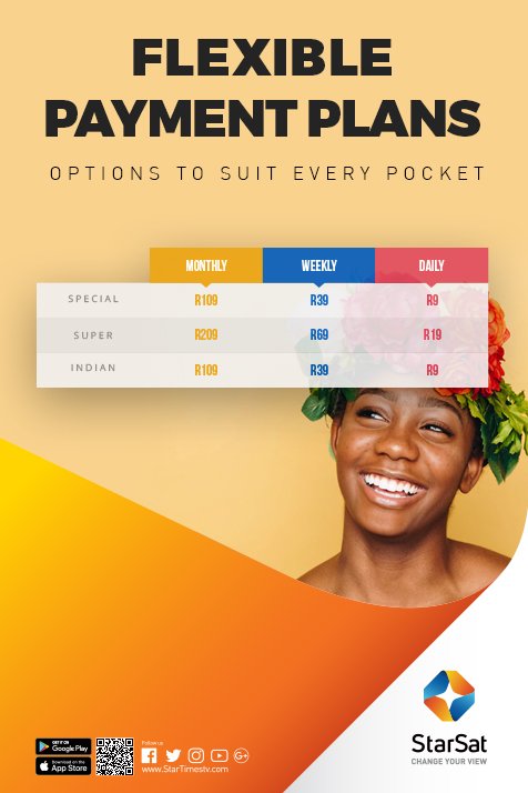Starsatsa's tweet photo. Take charge of your viewing with our flexible payment plans as of the 1St of May.
DAILY-WEEKLY-MONTHLY
Pay for 12 months in advance and get the 13th month free.
#Changeyourview #LightoftheStar #Flexpayplan https://t.co/CKoncrVvTv