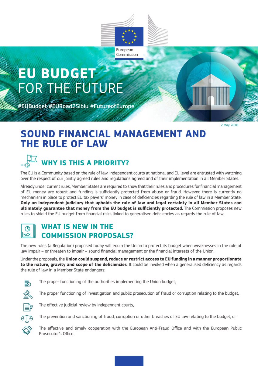 EU_Commission's tweet photo. New rules to shield #EUBudget from financial risks linked to generalised deficiencies as regards the rule of law. 
Only an independent judiciary that upholds the #RuleOfLaw and legal certainty in EU countries can guarantee that money is protected. https://t.co/E4T0x5en7b