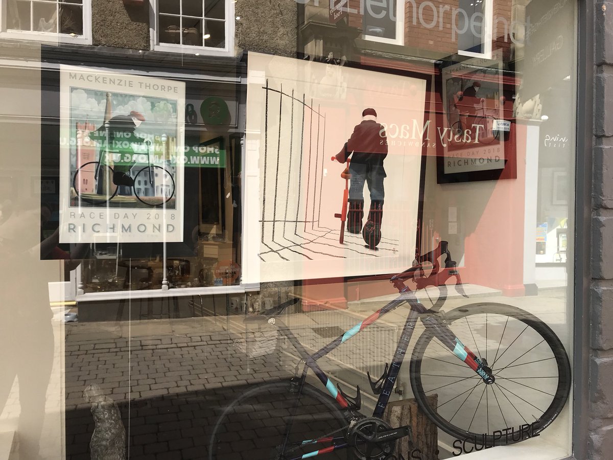 Arthaus1989's tweet photo. Day 1 in "Arthaus" House! Our bike picture by #mackenziethorpe today is a combination! Here is our window display featuring the magnificent "Walking The Bike", the "Race Day" poster, and the most AMAZING @FeatherCycles bespoke, handcrafted racing bike!
#feathercycles #tdy https://t.co/cYSHDo2xoP