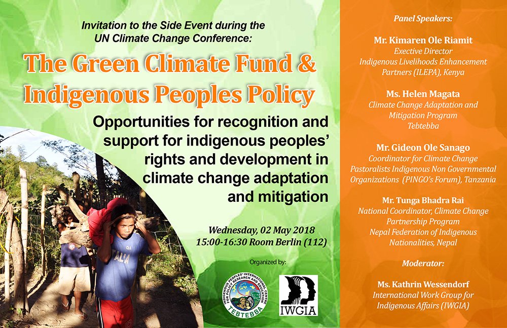 tebtebba's tweet photo. Join us via web streaming happening in a few hours: #SB48Bonn Side event on GCF Indigenous Peoples Policy, 15:00 - 16:30, Wednesday, 02 May. Click the link - https://t.co/WMM2snrs3f

Organized by @tebtebba and @IWGIA https://t.co/F4SxCF0JXF