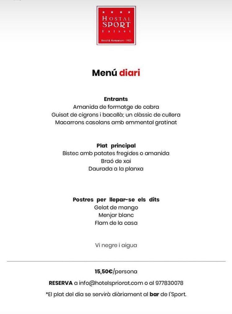 Menú diari al bar o a la terrassa, tots els dies laborables no festius 🍴🍷 #hostalsport #Priorat <a href="/SomGastronomia/">Som Gastronomia</a> <a href="/AmicsPriorat/">AmicsHostalSport</a>