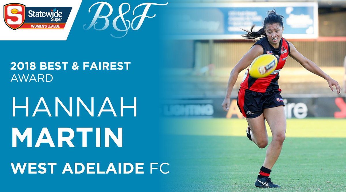 SANFL's tweet photo. Congratulations to @WestAdelaideFC Hannah Martin! Winner of the 2018 @statewidesuper Women's League Best &amp; Fairest Award! 🏅👏🙌https://t.co/HpfurCUu7z https://t.co/O8avHYoaLA