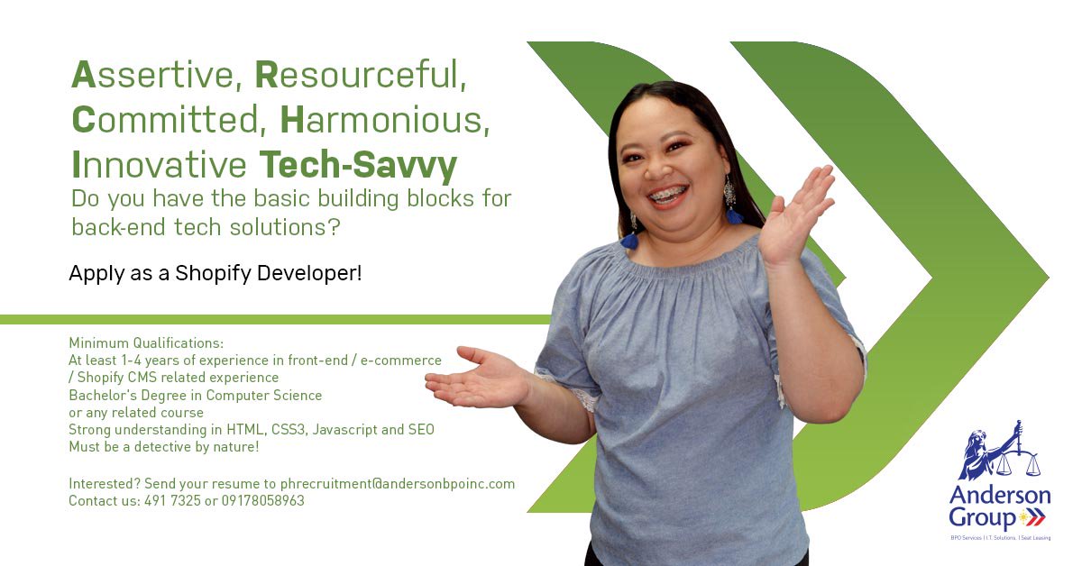 AndersonGroupPH's tweet photo. Are you a Shopify Developer? Get the exclusive perks and benefits of the #AndersonDifference
FASTER PROCESSING: Proceed directly to 20th Flr Robinsons Cybergate 3, Pioneer St, Mandaluyong (near Boni MRT) and look for Mary
OPEN: Mon-Fri 11AM-7PM
#hiring #jobopening #BPOhiring https://t.co/B7D0yByIfp