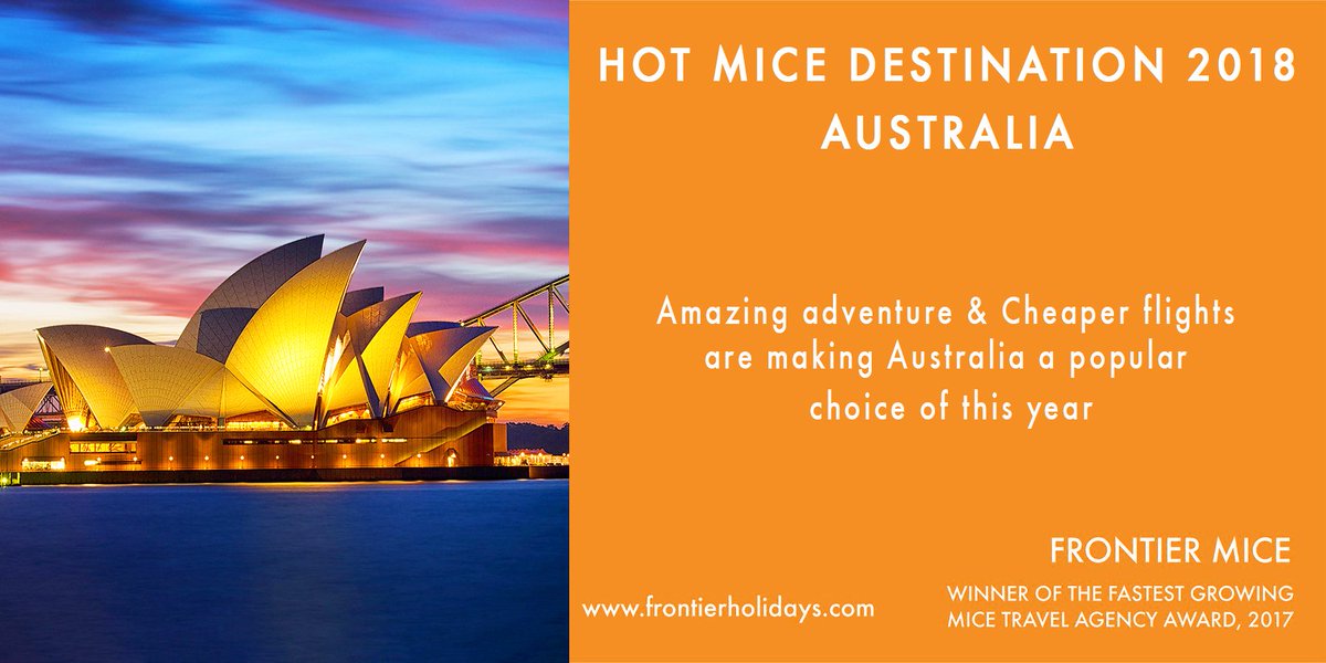 BharathiShettys's tweet photo. Australia is an excellent location to combine Business and Adventure. Frequent flights with economical prices and wide range of water sports, adventure activities makes MICE events more fun and engaging.
https://t.co/xByxeiwres
#FrontierMICE #FrontierHolidays #MICE #MICETravel https://t.co/BxajPtiRBv