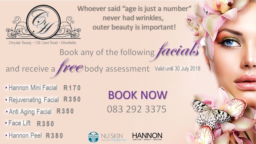 essentials4w's tweet photo. How about a Facial with a FREE Body Assessment?
Check out this amazing offer from Chrystal Beauty Krugersdorp!
Book on our App (Free download) or we can make a booking for you!
#facial #bodyassessment #wrinkles #hannon #nuskin #krugersdorp https://t.co/kU4Ay2waUQ