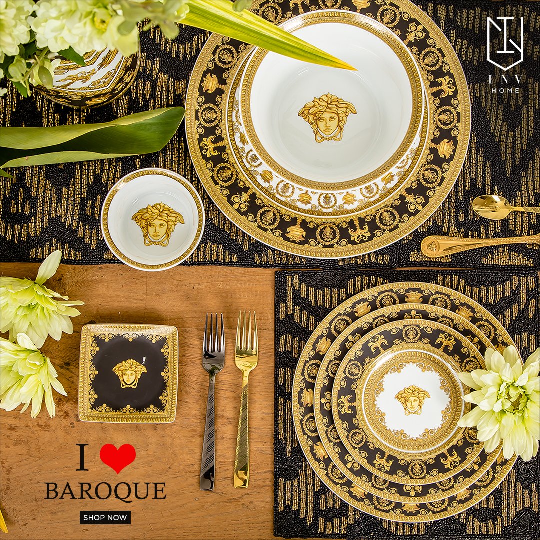 INVHomeDecor's tweet photo. #GlobalPicks The gold Medusa draws the eye to the centre of the plate while recurrent neoclassic symbols interchange in geometric circle bands. Signature of the Baroque print, urns, laurels and ornaments stand out on a matt black or white background, all enriched with gold. https://t.co/fAAsPMI8vZ