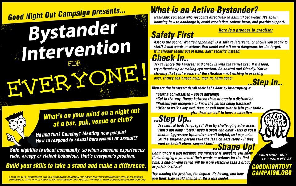 _goodnightout's tweet photo. Ever seen someone being harassed or assaulted on a night out and not known what to do? Read our brand new Bystander Intervention Guide! Harassment is everyoneโs problem - letโs end it #goodnightoutcampaign #endharassment https://t.co/1kS0cqCgr0