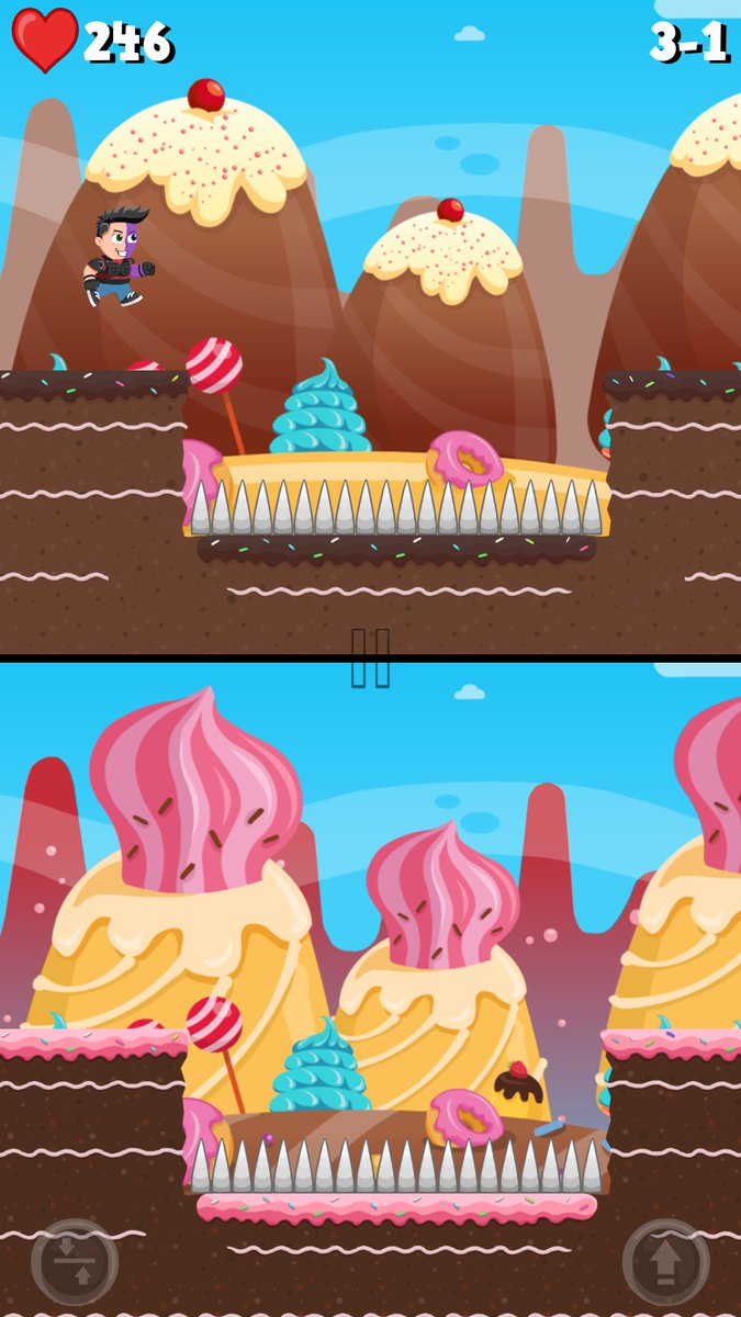 BKCGames's tweet photo. Today, we show you the very first gameplay-picture of our upcoming game called "Split Runner"! Our hero Split Face is running through a sweet looking candy world! 🍦#BKC #bkcgames #splitrunner https://t.co/pv2v2R8yJJ