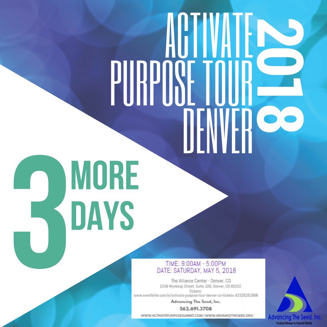 Connect4e's tweet photo. #WorkshopWednesday
In just 3 days...the Advancing The Seed #ActivatePurpose Tour is coming to #Denver 
SATURDAY, 5/5/18
9:00am - 5:00pm

#Purpose Discovery
#Passion &amp; Skills
#Business Development
#SocialMedia #Marketing
#SocialImpact

Come join us! 
https://t.co/YHfPRikN0R https://t.co/Uqk6HzBeyW