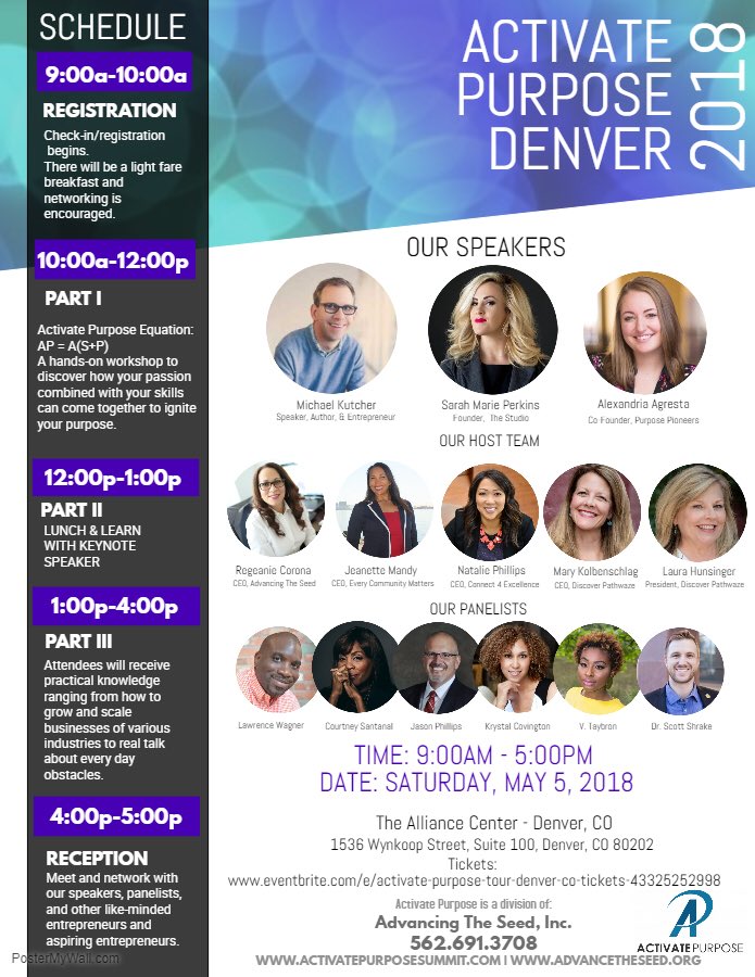 Connect4e's tweet photo. #WorkshopWednesday
In just 3 days...the Advancing The Seed #ActivatePurpose Tour is coming to #Denver 
SATURDAY, 5/5/18
9:00am - 5:00pm

#Purpose Discovery
#Passion &amp; Skills
#Business Development
#SocialMedia #Marketing
#SocialImpact

Come join us! 
https://t.co/YHfPRikN0R https://t.co/Uqk6HzBeyW