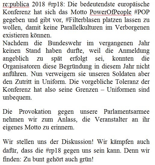 bundeswehrInfo's tweet photo. Der re:publica ist Uniform zu unbequem. Die Konferenz steht für Offenheit und Toleranz. Trotzdem schließt sie Soldatinnen und Soldaten in Uniform aus. #Bundeswehr #rp18 #Uniform #POP
Zur Diskussion: https://t.co/3tzvdVY6xh https://t.co/UP2QSmrA3U