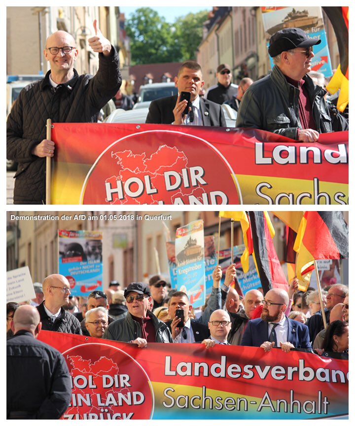 HenrietteQuade's tweet photo. Hier einige Impressionen von der AfD-Demo in Querfurt. Am Fronttranspi posieren AfD-Abgeordnete (Kirchner, Tillschneider, Pasemann) in trauter Eintracht mit bekannten Nazis wie Ex-NPD-Kader Rolf Dietrich und Alexander Kurth (u.a.DIE RECHTE) #1maiqft https://t.co/kih4kcHrEB