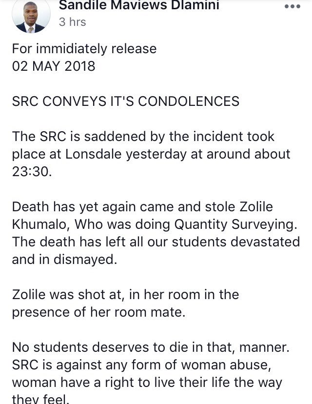 NomfaneloDlomo's tweet photo. 😭 Zolile Khumalo was shot in the head by her boyfriend at her MUT university residence. Welcome to the normal day in South Africa, where the men who are say they love us, are killing us.💔😭 #RIPZolileKhumalo #ZolileKhumalo https://t.co/di1iGUzfMT