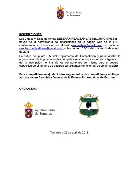 FAEsgrima's tweet photo. Convocatoria Campeonato de Andalucía de #esgrima Infantil y Cadete y IV Critérium Benjamín y Alevín. 19-20 mayo de 2018. Tomares, Sevilla. @Tomares_es #esgrima #fencing #escrime #scherma #fechten #florete #espada #sable https://t.co/oyTtI3j8Yh