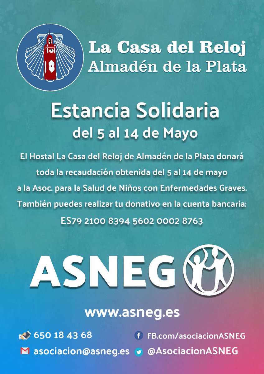 AsociacionAsneg's tweet photo. La familia de #Asneg crece, gracias a #LaCasadelReloj🕰️ por ayudarnos a #IluminarLaOscuridad🕯️

Si te alojas con ellos en #AlmadéndelaPlata del 5 al 14 de mayo estarás ayudando a muchos niños y niñas ❤️❤️

¿Nos ayudas con un RT a difundir esta iniciativa solidaria?Gracias https://t.co/zCTcipPCYH