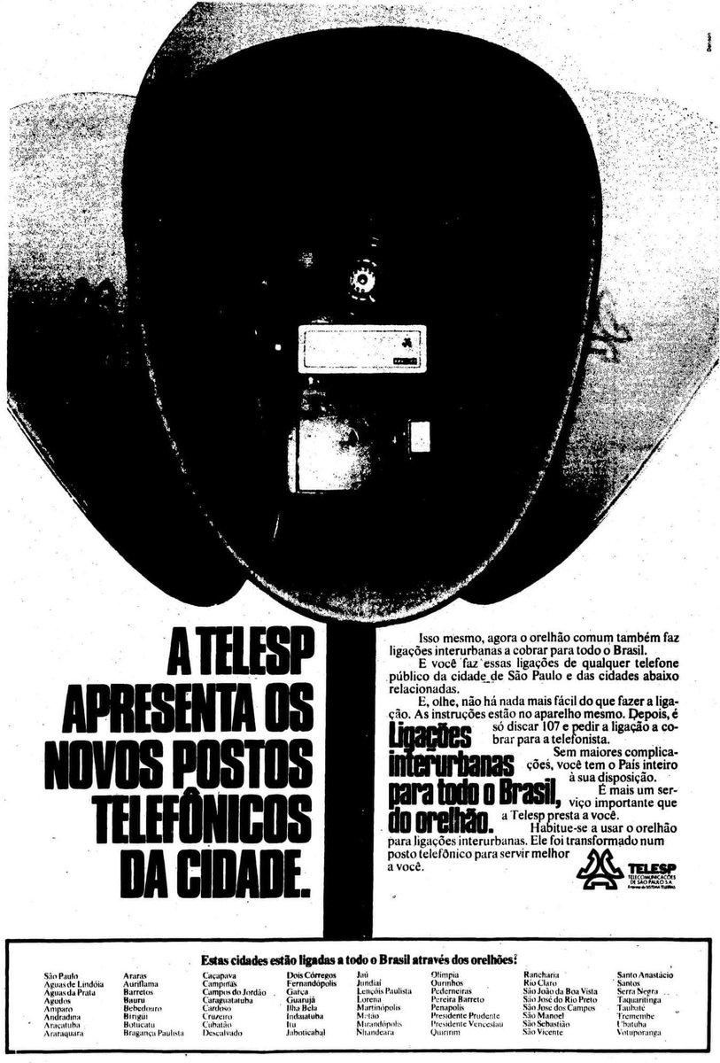 EstadaoAcervo's tweet photo. Viu esse anúncio? 1978 | Orelhões da Telesp
"Sem maiores complicações, você tem o País inteiro à sua disposição", dizia anúncio do serviço de ligações  interurbanas publicado em 02/5/1978 https://t.co/h7oEysnjGg #estadaoacervo #telesp #orelhao #comunicacao https://t.co/Yde6i8WB3O
