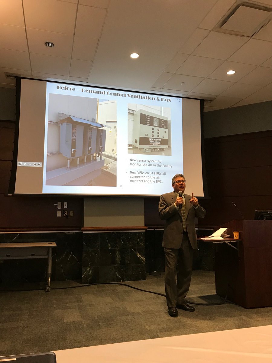 One of our NYPA #EnergyEfficiency Project Managers presenting on the work we are doing for MTA's #GrandAveBusDepot. #DemandControlVentilation saves energy while maintaining occupant comfort! #customers #dcv