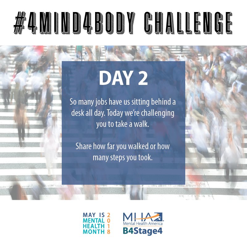 MentalHealthAm's tweet image. #4mind4body Day 2: Take a walk today. Track how far you’ve walked with a step tracking app on your phone, wearable device, or by tracing your route here: bit.ly/2KsQyl0 Let us know how many steps you took or how far you went! #mhm2018 #workplacewednesday