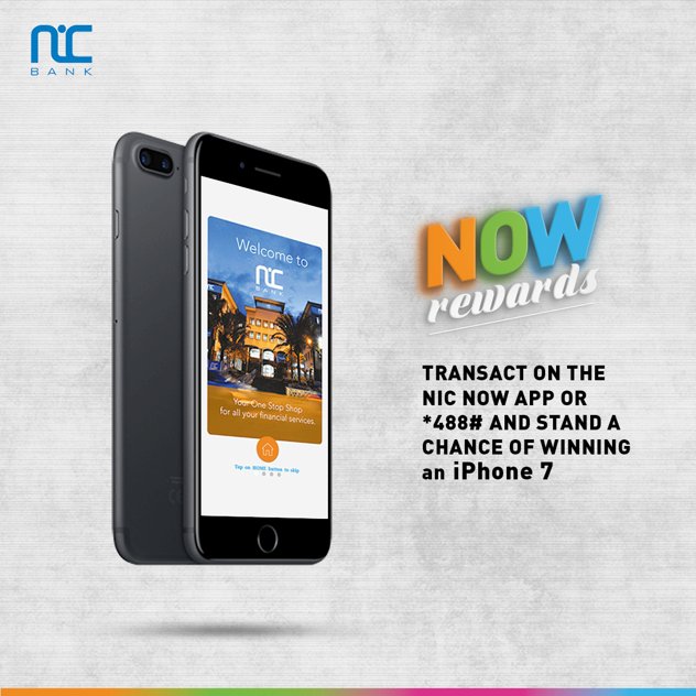 NCBABankKenya's tweet photo. Your daily transactions could win you an iPhone 7. The first person to attain the highest growth in number of transactions on the NIC NOW app or *488# stands a chance of being one of our winners #NOWrewards https://t.co/UIihUNqaHS