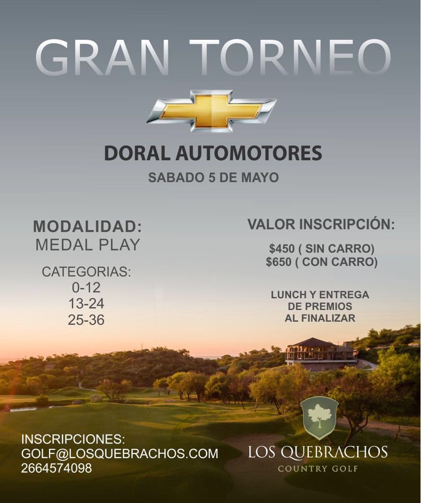 Los esperamos este Sábado 5 de Mayo para disputar el torneo <a href="/chevrolet/">Chevrolet</a> Doral Automotores. INSCRIPCIONES ABIERTAS!!! No te quedes afuera!!!