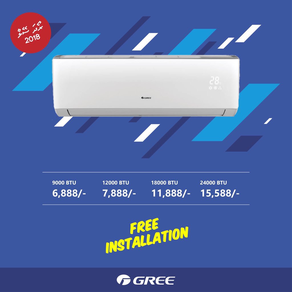 corporate_ad's tweet photo. Gree Inverter air-conditions @ super Sale Prices! FREE INSTALLATION valid for only #Male area, and covers 10 ft. Installation kit and brackets will be provided free of charge for rest of #Maldives. @refcool
*Roadha Sale valid until June 30, 2018. #RefCool #Gree https://t.co/HYCeLkeJkD