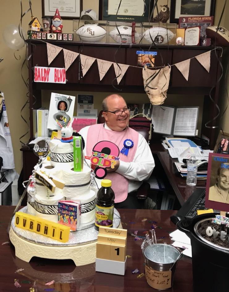 LauraGMason's tweet photo. Two birthday milestones at CHS the last two days... Mr. McLeod celebrating 50 years and according to Mr.  Goolsby, “39 was so yesterday.”  Happy birthday!  @CHSCanes #onehurricane https://t.co/kLLZV06WbE