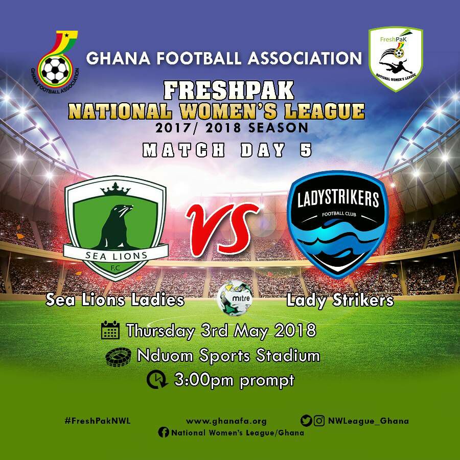Its match day 
Ladystrikers will face Sea lions at 3 pm tomorrow at Ndoum Sports.
<a href="/Ladystrikersfc/">Ladystrikersfc</a> have so far won two matches and drew two while Sea lions can boost of 3 wins and a lost this season
#Freshpaknwl #Womensoccer
@NBSports_Report <a href="/pknduom/">Dr. Papa Kwesi Nduom</a> <a href="/IAMHENRYASANTE/">MR HAT</a>
