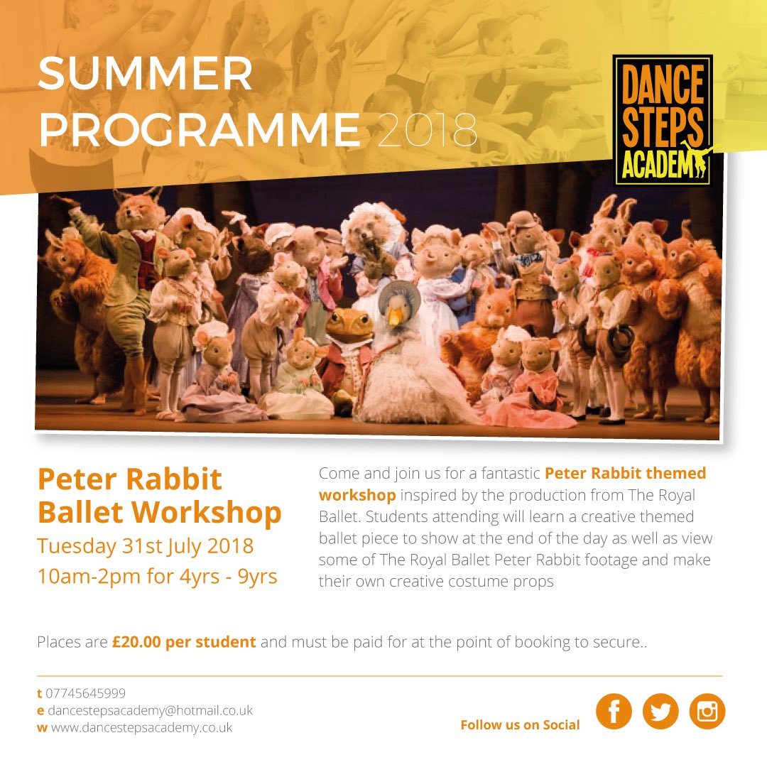 DanceSacademy's tweet photo. BOOKING NOW! #summerprogramme2018 #peterrabbit inspired #ballet workshop for 4yrs-9yrs for more info check out our web page https://t.co/7gspIWcuq7 #dance #balletworkshop #billericay #dancestepsacademy https://t.co/ieKDbSrkzJ