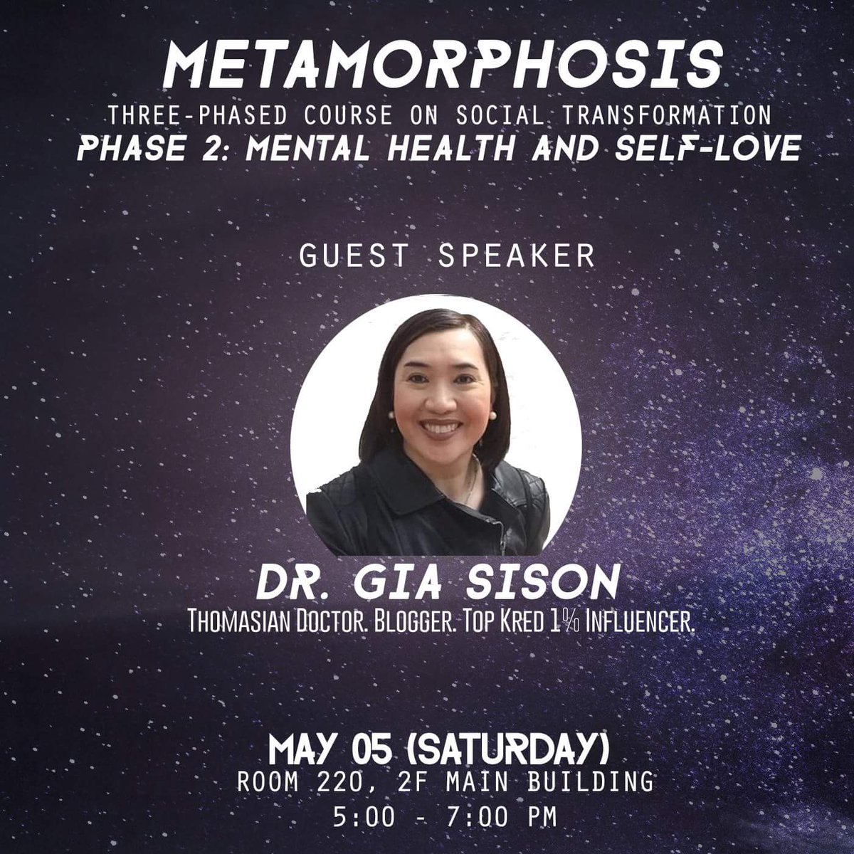 USTPDC's tweet photo. Stressed? Drained out? In need of some answers and a good talk to bring you back up?

Pharmacy Debate Coalition brings you METAMORPHOSIS: Phase 2 Mental Health and Self-Love on May 05 (Saturday) in Rm 220 UST Main Bldg with @giasison !!! https://t.co/hC2cHUNkIU