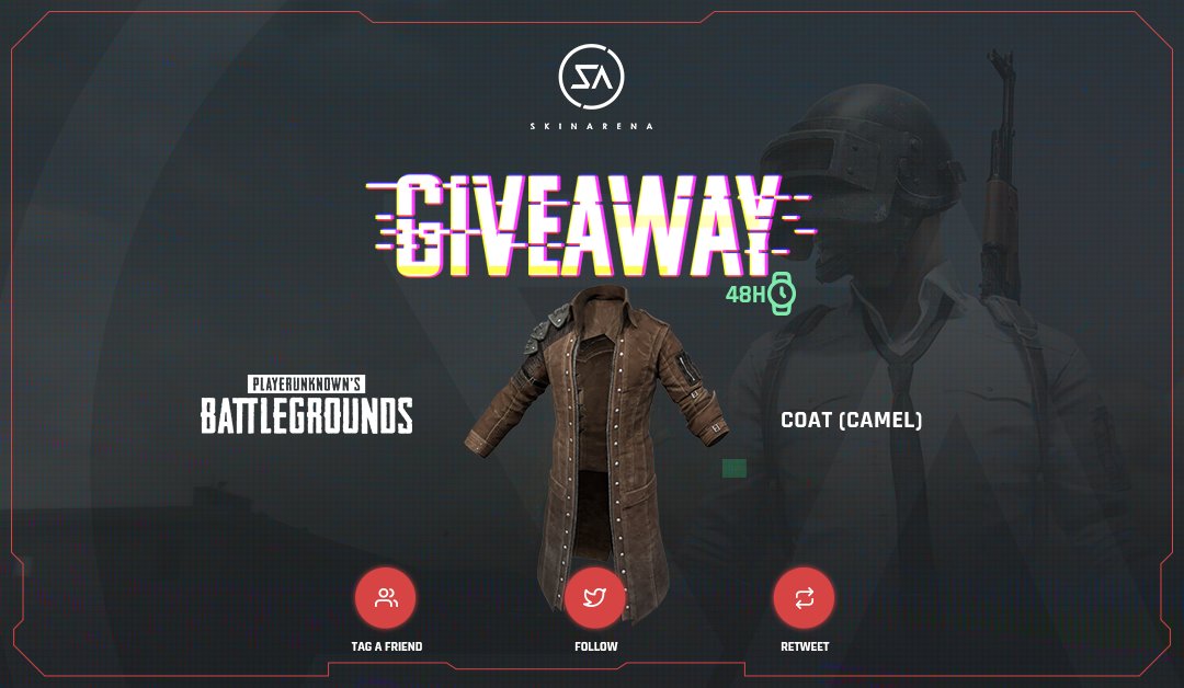 SkinArenaCS's tweet photo. 48H GIVEAWAY! Win: COAT (CAMEL) π
β
Follow us
β
Retweet & Tag a Friend
β
Visit & Play 1 Round: https://t.co/GYq4250Dvf
β
Join Group: https://t.co/eiVaueDjPk
π Winner will be announced on Wednesday! Good luck βοΈ
#Skinarena #PUBG #PUBGGiveaway #giveaway https://t.co/7xhjX0gT24