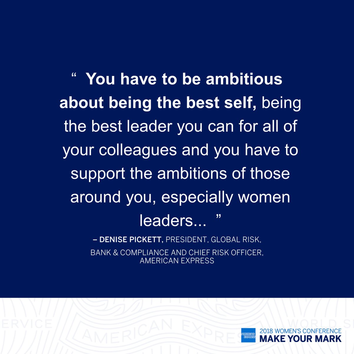 AmericanExpress's tweet photo. Denise Pickett, Chief Risk Officer, opening our 2018 “Make Your Mark” Women’s Conference. #AmexWomensConf https://t.co/iQaas8amKo