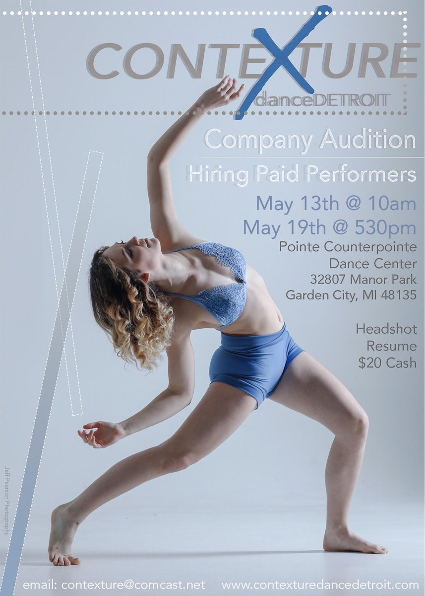 **Audition Alert

Contexture danceDetroit 
Company Auditions 
Hiring Paid Performers
May 13th: 10:00 am
May 19th: 5:30 pm 

Pointe Counterpointe Dance Center
32807 Manor Park
Garden City, MI 48135

Headshot
Resume 
$20 Cash