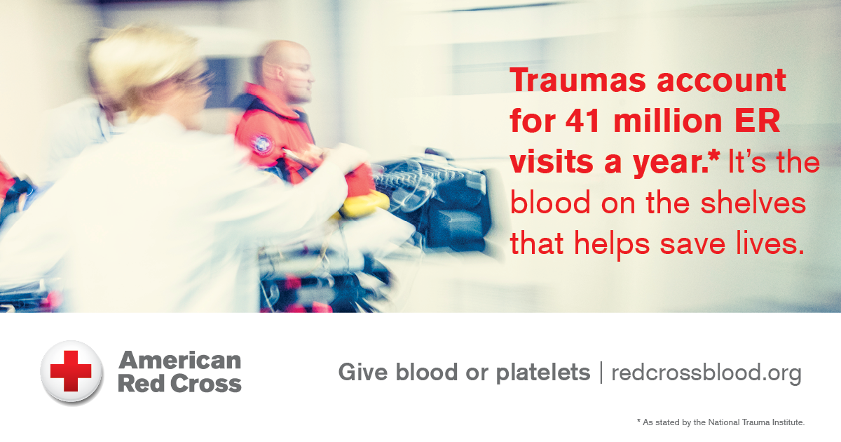 RedCross's tweet photo. Seconds count when doctors work to save patients' lives in the emergency room. This #TraumaAwarenessMonth, we encourage eligible donors to give blood or platelets for trauma patients and others with serious medical needs.  https://t.co/9zyMrpVFt1 https://t.co/c7x5nAKWRU