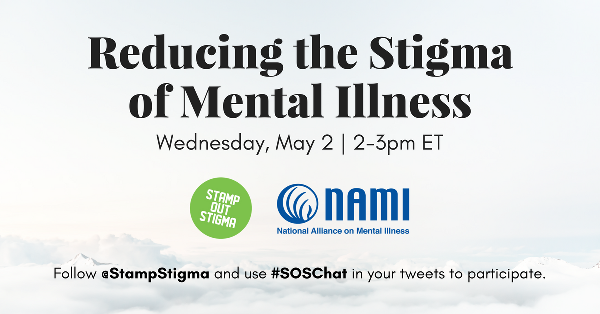 StampStigma's tweet photo. Don't forget – today's #SOSChat starts at 2 pm EST with @NAMICommunicate to discuss reducing the stigma of #mentalillness. See you there! #MentalHealthMonth #WednesdayWisdom https://t.co/Af9DxKr3xk