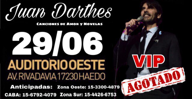 Todas ansiosas esperando el 29/6 para ver a <a href="/darthesjuan1/">Juan Darthés</a> , en dos días completamos el vip,no te quedes sin tu entrada 1133004879 y puntos de venta autorizados