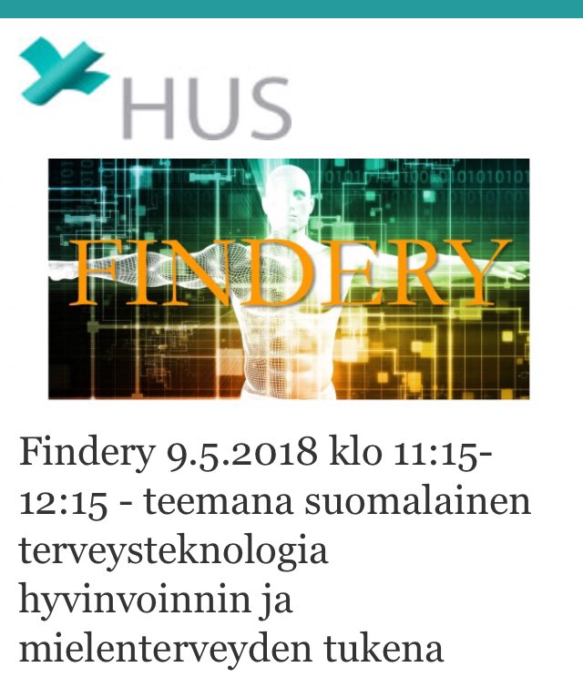 Kevään viimeinen terveysteknologian startup -tapahtuma Findery Terkko Health Hubissa ensi viikolla. Taas mahtavat suomalaiset startupit mukana. Tule paikalle vapaamuotoiseen tapahtumaan vaihtamaan ajatuksia ja miksei ”ilmaiselle lounaallekin”. hus.creamailer.fi/email/5ae172cd…