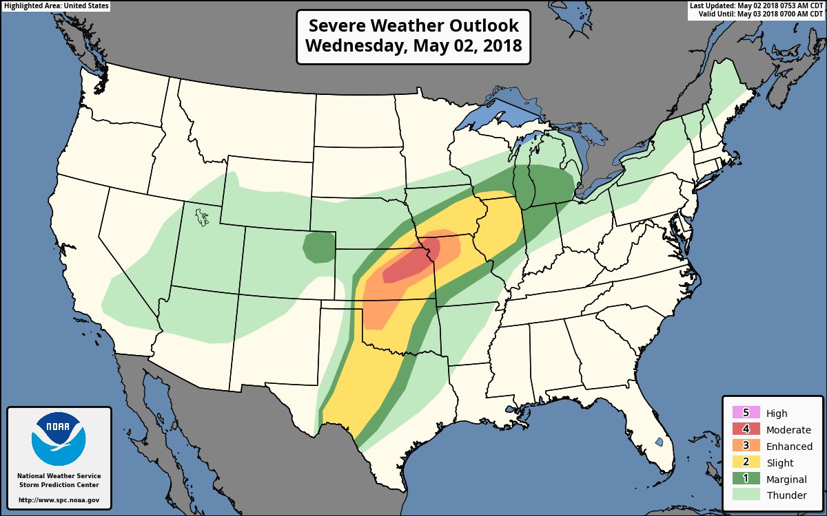 NWS's tweet photo. Widespread severe storms are expected this afternoon and evening across portions of the central US. Tornadoes, large hail and damaging winds are all possible today. https://t.co/VyWINDk3xP

✅Know your safe place
✅Pack an emergency kit
✅Have multiple ways to receive warnings https://t.co/ro6U7MAizE