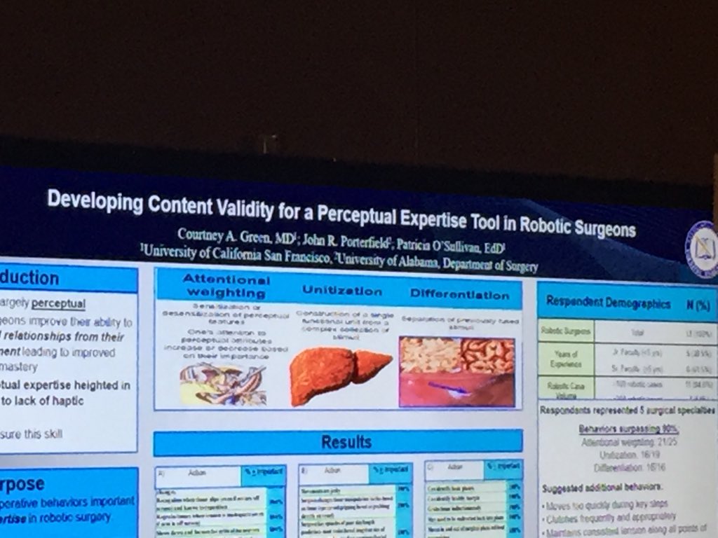 Dr Courtney Green <a href="/UCSFSurgery/">UCSF Surgery</a> <a href="/UCSF/">UC San Francisco</a> <a href="/UCSFHospitals/">UCSF Health</a> presenting her work on the developing a perceptual expertise tool for robotic surgery. Great presentation at the poster session. #SEW2018 <a href="/Surg_Education/">Association for Surgical Education</a>