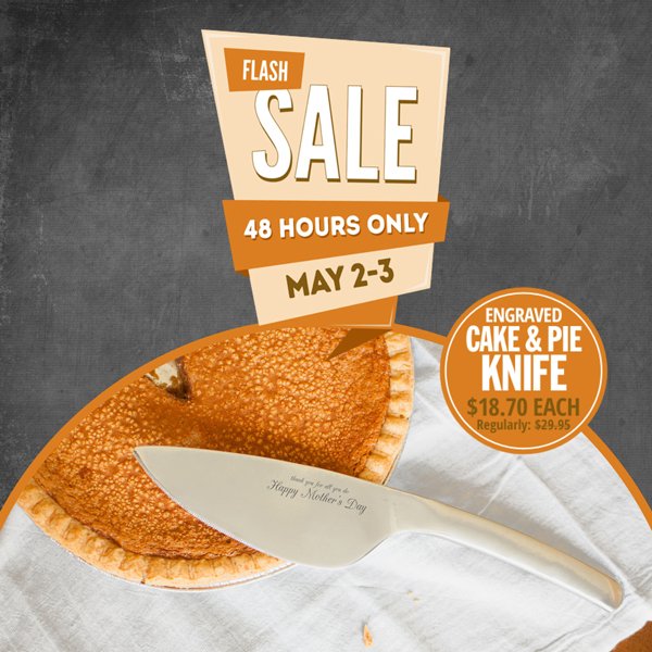 MagnetsUSA's tweet photo. FLASH SALE, just in time for #MothersDay! Through 5/3, get our beautiful @LifeLongGifts Cake &amp; Pie Knife (engraved w/ a message for Mom) for just $18.70 (regularly $29.95). Use code PIEFORMOM at checkout. https://t.co/rJYLnGyJnK https://t.co/QeYbrytBoq