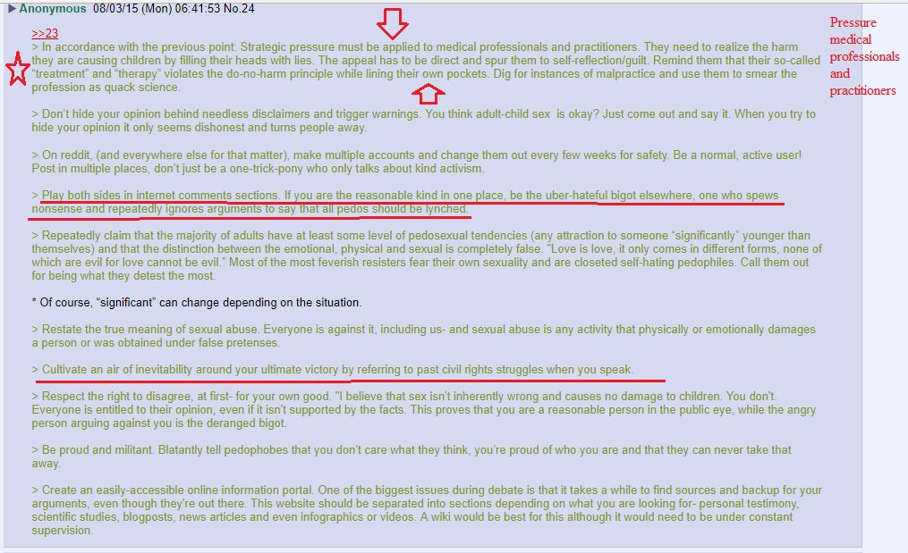 It urges pressure to be put onto medical professionals and practitioners to indorse paedophilia. It suggests that paedophiles should some times pose online as the opposition to post hateful comments. It recommends cultivating an ‘air of inevitability’ around ultimate victory.