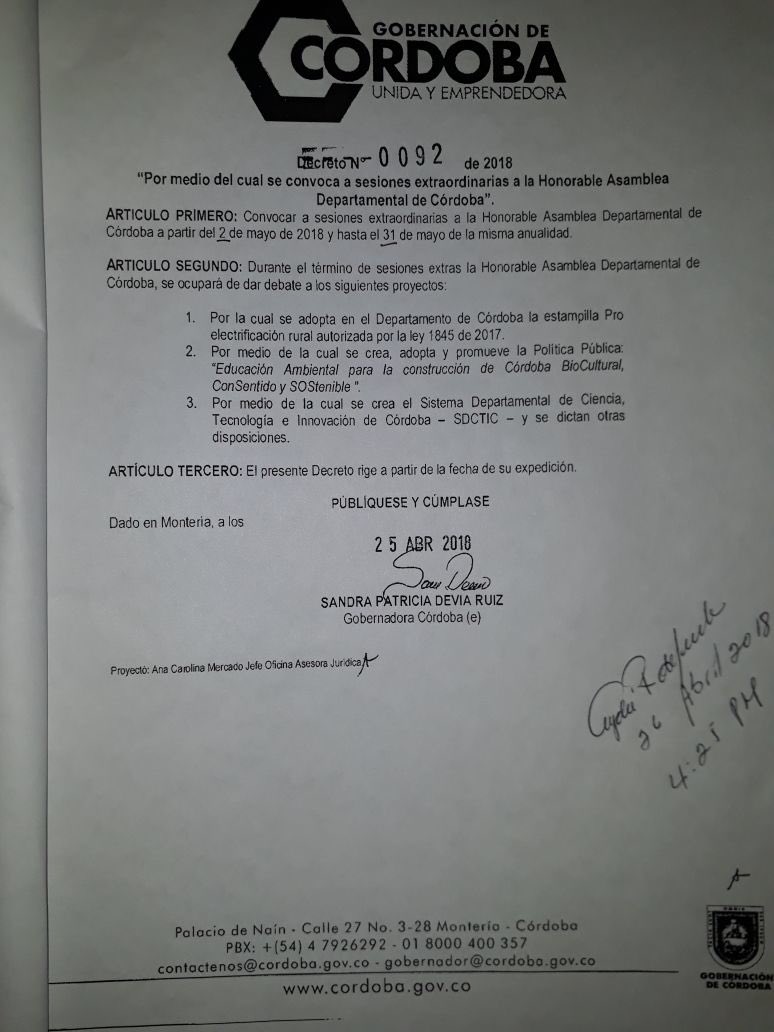 orlandobenitezm's tweet photo. La @AsambleaDeCor a través del decreto 0092/2018 de la @GobCordobaUnida fue convocada a sesiones extraordinarias desde hoy dos de Mayo hasta el 31/05/2018 para tratar los siguientes proyectos: https://t.co/Zv8MiYv0Px