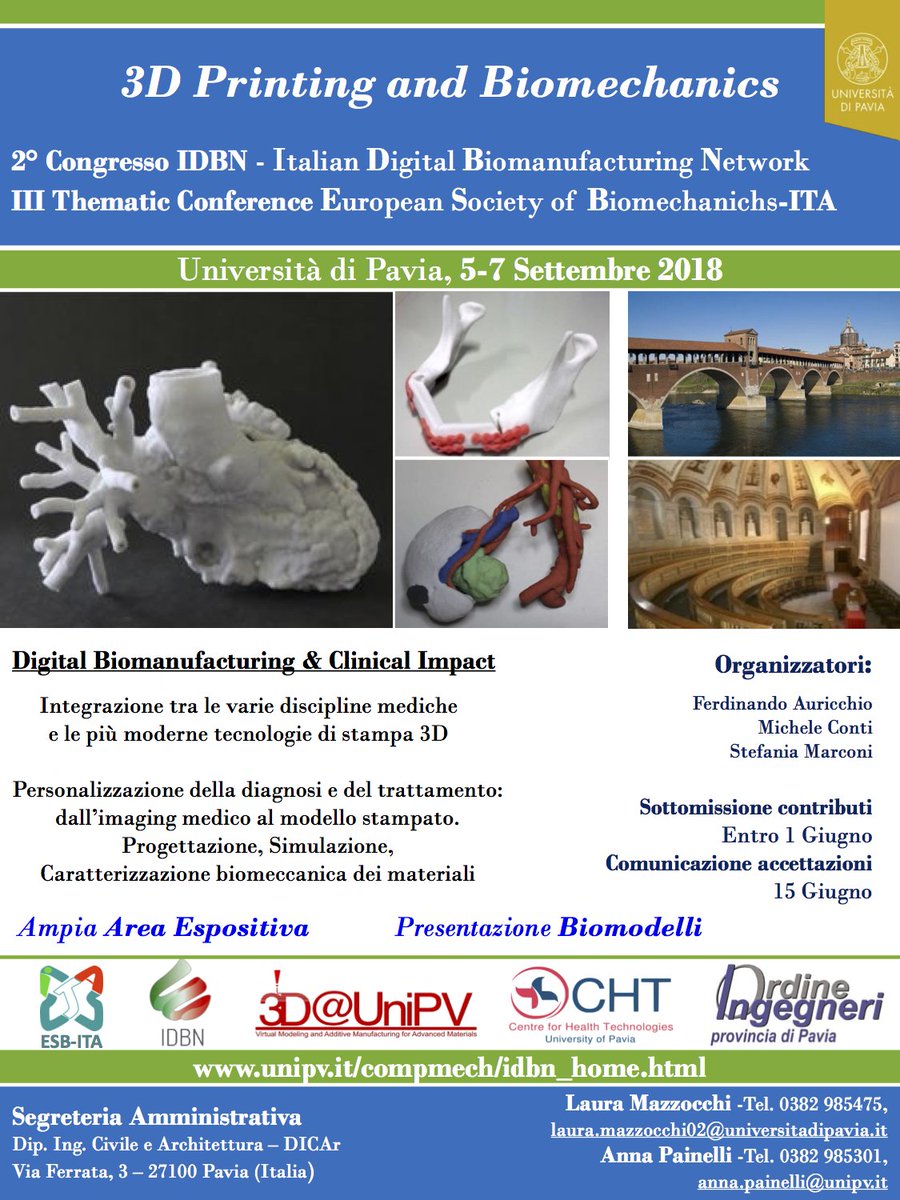 Don't miss '3D printing and Biomechanics’ conference - deadline extended to 1 June! @esb_ita #biomechanics #3Dprinting <a href="/unipv/">Università di Pavia</a> <a href="/3DUniPV/">3D@UniPV</a> <a href="/chtunipv/">CHT UNIPV</a>