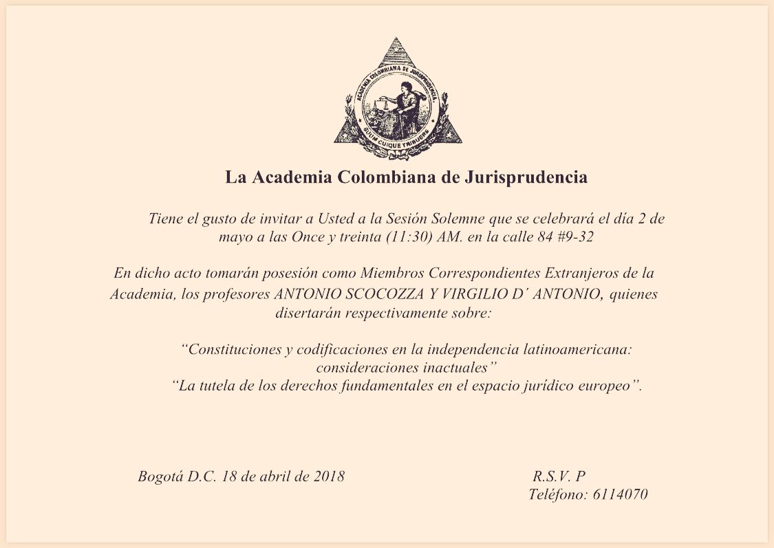 MomenttoLegal's tweet photo. #AntonioScocozza y @virgdantonio profesores de @UniSalerno toman posesion este 2 de mayo como miembros correspondientes extranjeros de la #AcademiaColombianaJurisprudencia @Eventos_Moncada @CCJuristas @RedJurista @simona_libera @macrigian @salerno #ItaliaColombia #Unisa https://t.co/5rzb1I4pBt