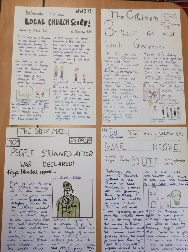 THSch_Junior's tweet photo. Fantastic and informative newspaper articles written by Year 6. They reported on the declaration of war in 1939 from the perspective of a reporter in Little Weirwold #GoodnightMisterTom #year6 #THEnglish https://t.co/uiHupDz50h