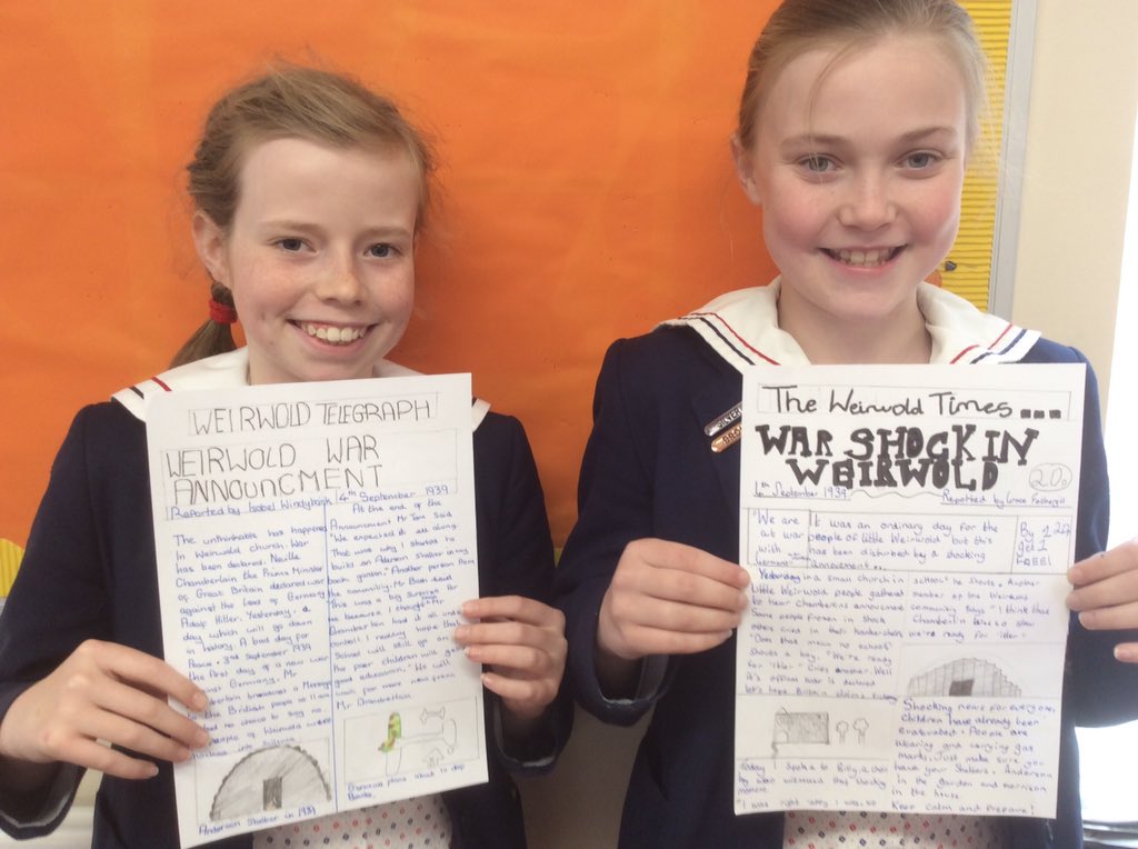 THSch_Junior's tweet photo. Fantastic and informative newspaper articles written by Year 6. They reported on the declaration of war in 1939 from the perspective of a reporter in Little Weirwold #GoodnightMisterTom #year6 #THEnglish https://t.co/uiHupDz50h