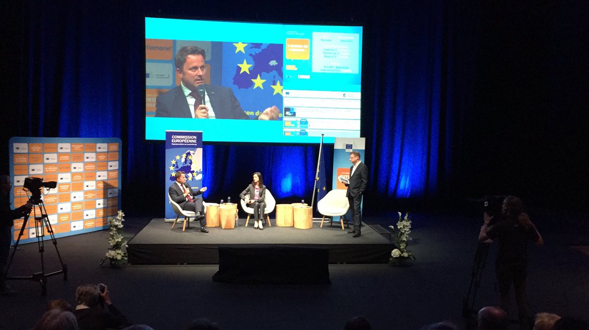 auffreta's tweet photo. Lux PM Xavier Bettel and Commissioner Mariya Gabriel on digital challenges #EUdialogues #digitalsinglemarket @DSMeu https://t.co/5itzpXlxuG