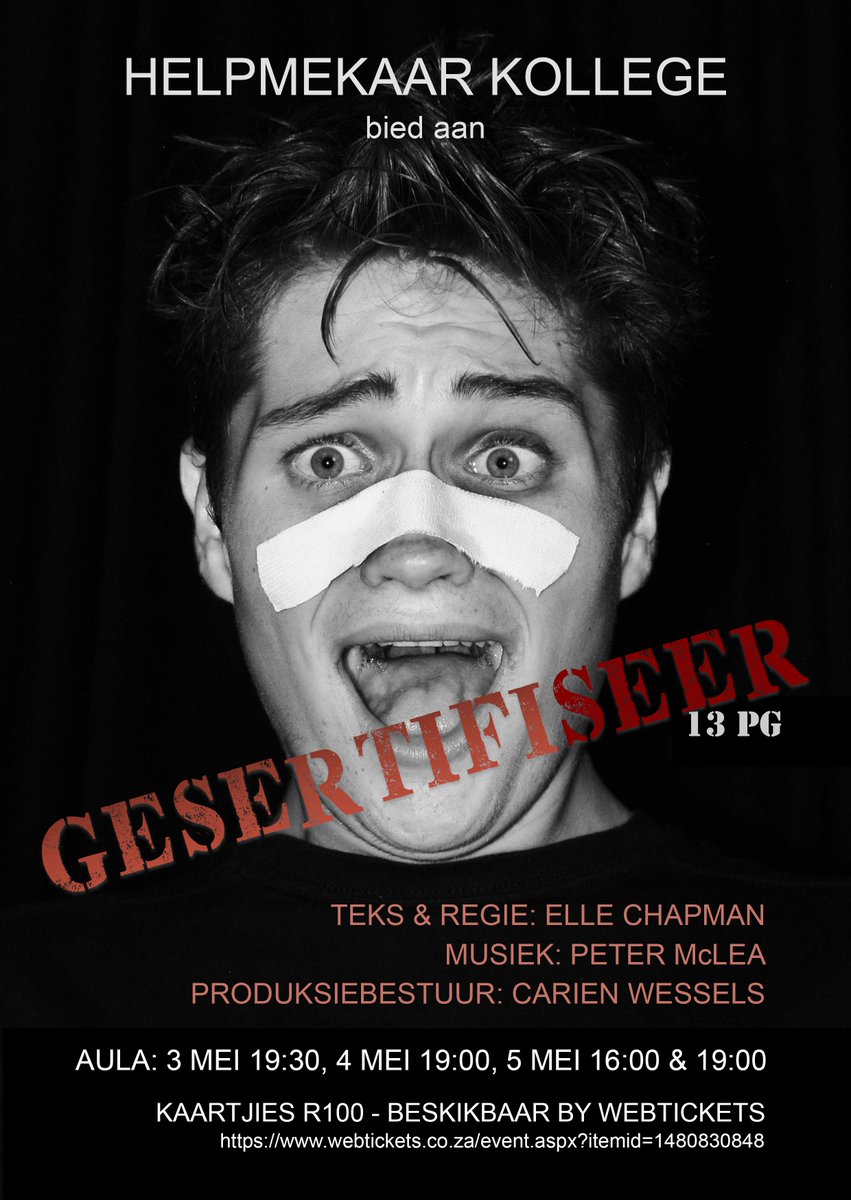 GesertifiSEER: Die Musical word van 3 tot 5 Mei in die Aula opgevoer.
 
Dit is 'n vollengte musiekblyspel met oorspronklike teks en musiek.
 
Koop u kaartjies by Webtickets deur die volgende skakel te volg:
 
bit.ly/2HQAvzd
