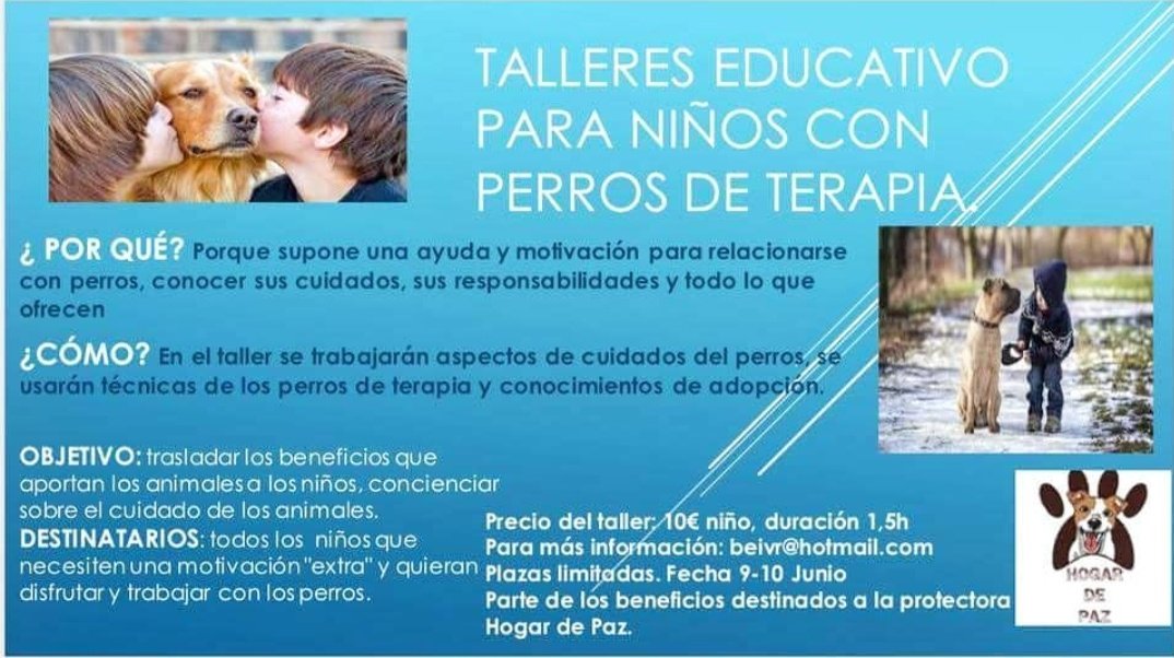 Buenos días chicos!! Queremos presentaros el primer taller educativo de para niños de terapia con animales. El taller se realizara en las instalaciones del refugio los días 9 y 10 de junio, el coste por niño es 10€ y parte de los beneficios los donara para los perretes.