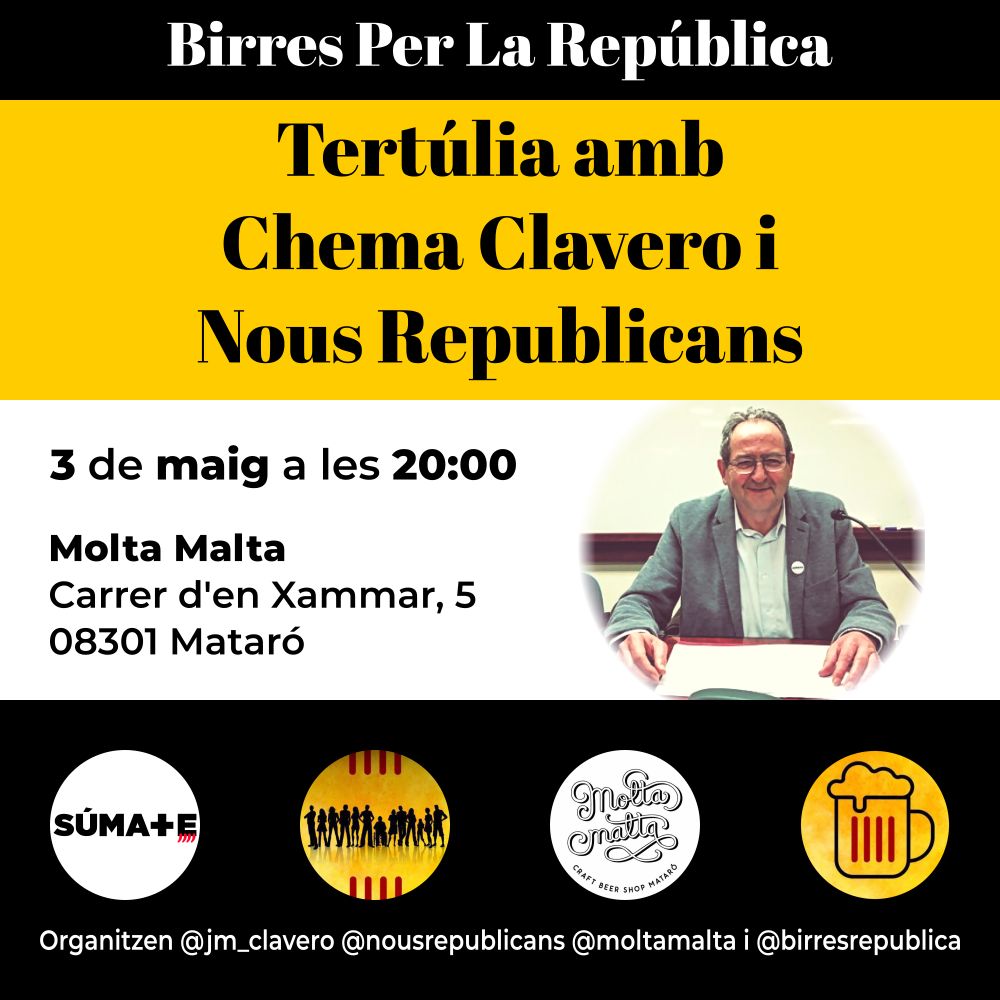 Mañana María de <a href="/NousRepublicans/">Nous Republicans</a> y yo mismo de <a href="/sumate_asoc/">Súmate ➕</a> estaremos para debatir lo que queráis en <a href="/MoltaMalta/">Molta Malta</a> de Mataró (no lo contéis pero me han soplado que tienen muy buenas cervezas)