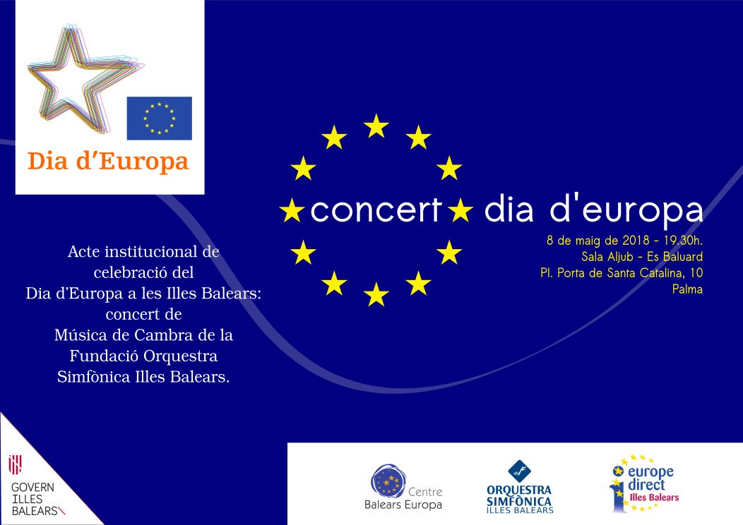 Si voleu celebrar el Dia d'Europa estau convidats a l'acte institucional  el proper dimarts dia 8 de maig a les 19h30 à la Sala Aljub  a @EsBaluard, concert de #MusicadeCambra de la <a href="/OrqSimfIB/">Orquestra Simfònica Illes Balears</a>. Imprescindible presentar invitació, la podeu recollir al CBE, c/Palau Reial 17.